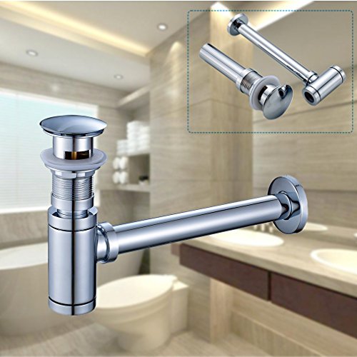 Beelee Bathroom Sink Round Bottle Trap, Zinc Alloy Bottle Waste Trap Drain Kit P-TRAP Tube and Pop Up Drain Stopper with Overflow, Chrome