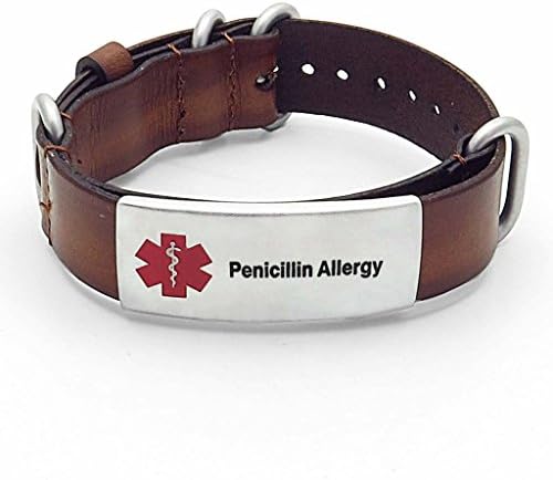IDtagged Men's Brown Leather Penicillin Allergy Medical ID Bracelet Adjustable Length w/ Matte Stainless Steel Tag