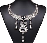 Qiyun (TM) Tibet Silver Bib Statement Choker Chunky Tribal Rhinestone Necklace