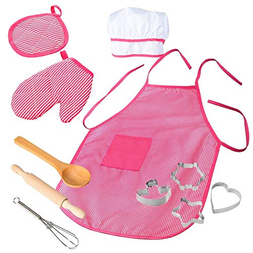 image for FunsLane Kids Apron for Girls, Toddlers Chef Set Pink and White Stripe