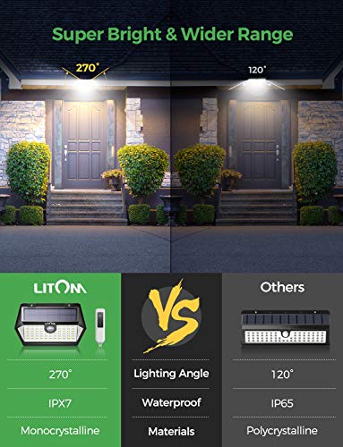 LITOM Solar Lights Outdoor with Remote Control, 3 Lighting Modes, 270Â°Wide Angle, IP67 Waterproof, Easy-to-Install Security Lights for Front Door, Yard, Garage, Deck, Fence-2 Pack