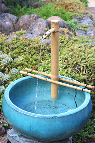 Bamboo Accents Water Fountain with Pump, Backyard Pond Kit, Large 18 Inch Adjustable Style, Smooth Split Resistant Bamboo, Natural Bamboo Fountain