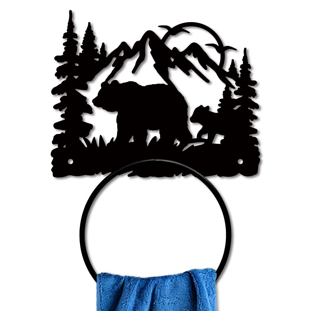 MAYJOYDIY Bear Metal Towel Ring Forest Animal Mountain Towel Holder Sun Bird Metal Bath Towel Ring Wall Mounted Black Art Towel Rack for Bathroom Accessories Wall Mounted Decoration