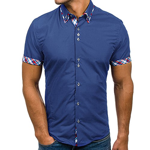 Ximandi Men's Summer Double Collar Slim Patchwork Short Sleeved T-Shirt Top Blouse Blue