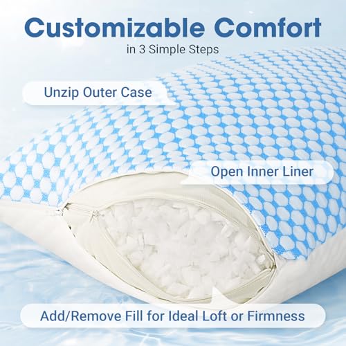 EASELAND Firm Pillow Shredded Memory Foam(Adjustable Loft), Breathable Cooling Bed Pillows Supportive for Side Back Stomach Sleepers Queen Size 2 Pack Blue and White