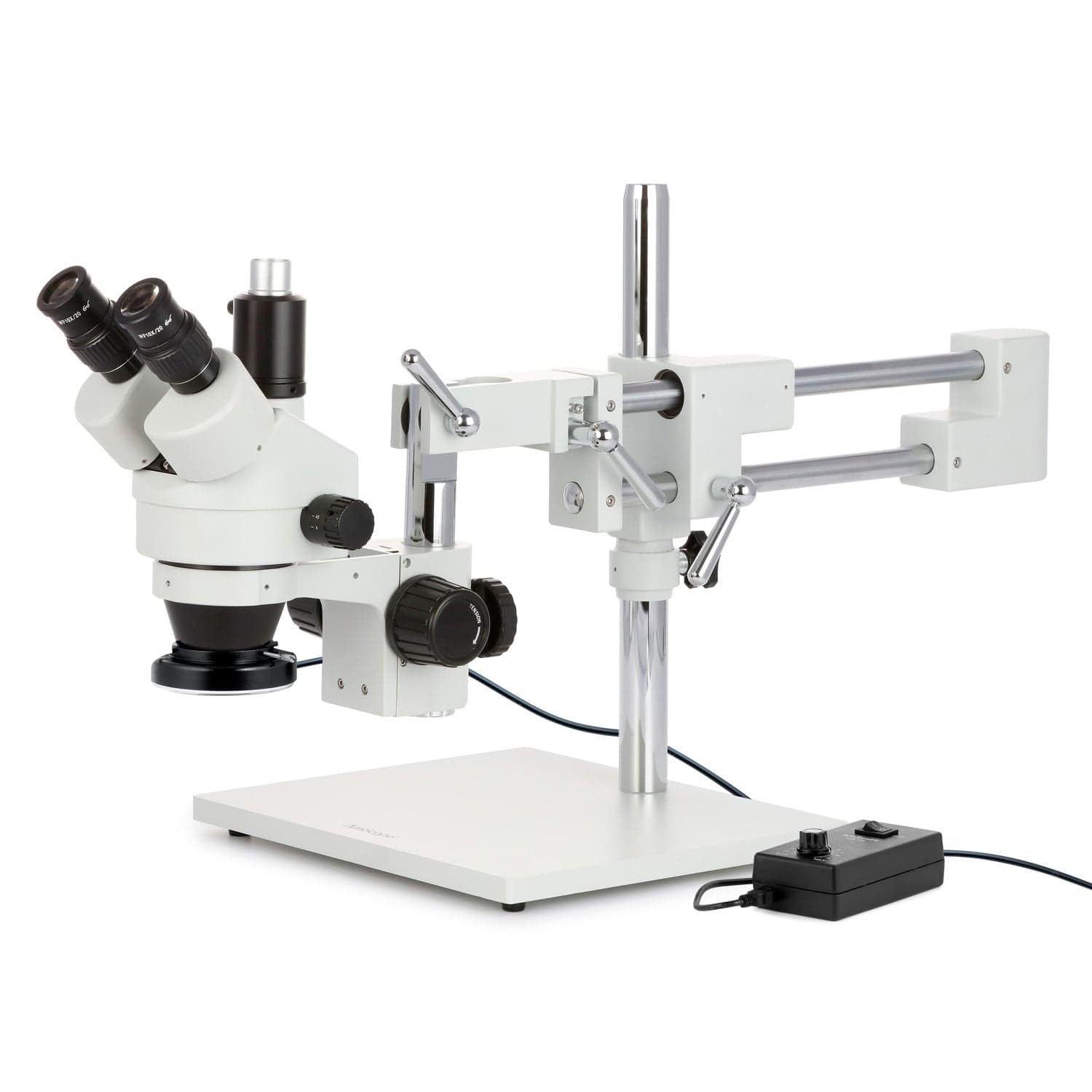 AmScope SM-4TZ-144-5MT Microscopio estéreo trinocular, oculares WF10x, aumento de 3,5X-90X, potencia del objetivo de 0,7X-4,5X, lentes Barlow de 0,5X y 2,0X, fuente de luz LED estilo anillo de 144 bombillas, soporte de brazo doble, 110-240V, incluye cámar