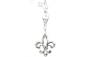 TRACE ELLEMENTS Rear View Mirror Car Ornament Fleur de Lis Silver Metal and Faceted Crystal Glass