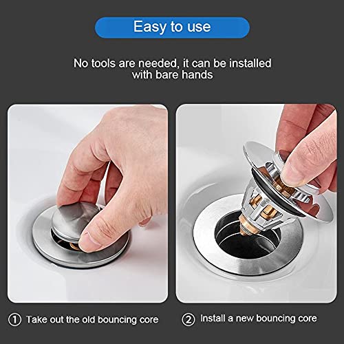 Wash Basin Bounce Drain Filter Stainless Steel Push Type, Universal Edition Bullet Core Push Type Drain Plug, Pop-up Drain Filter for 1.1~1.34\'\' Drain Holes Bathroom Sink Stopper
