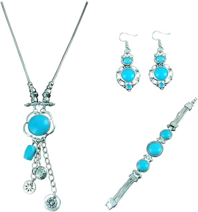XY Fancy Retro Craft Vintage Look Antique Silver Plated Snail Pendant Necklace Bracelet Earrings Real Turquoise Jewelry Sets