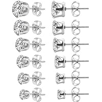 HOVEOX 6 Pairs Alloy Womens Stud Earrings Round Clear Cubic Zirconia Inlaid Simulated Diamond Rhinestone Hypoallergenic Pierced Jewelry CZ Studs 0.1 inch-0.3 inch for Unisex Teens and Women, Silver