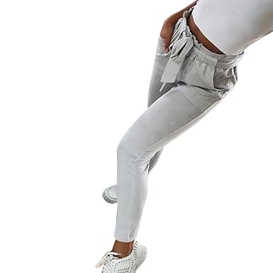 Coolster Damen-beiläufige gestreifte hohe Taillen-Hosen-elastische Taillen-beiläufige Hosen (Grau, M)