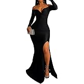 A ADILACA Women's Sexy V-Neck Off Shoulder High Split Formal Party Maxi Dress