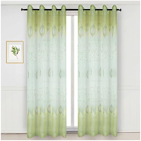 HOMTOD Green Sheer Grommet Curtains Window Voile Curtain Leaf Pattern Single Panel 39 By 98 Inch