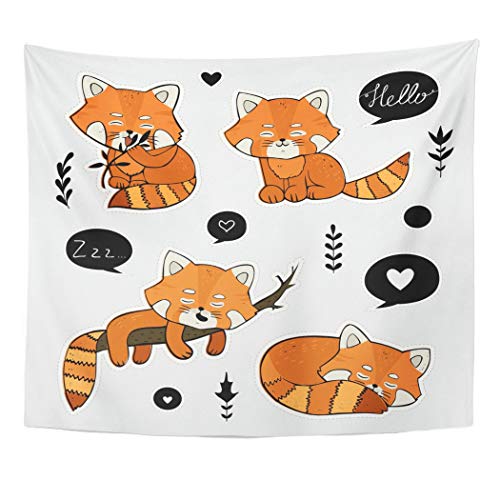Emvency Wall Tapestry Adorable Cute Hand Drawn Red Panda Character Stickers Patch Pin Badges Animal Asia Bamboo Bear Black Cartoon China Decor Wall Hanging Picnic Bedsheet Blanket 60x50 Inches