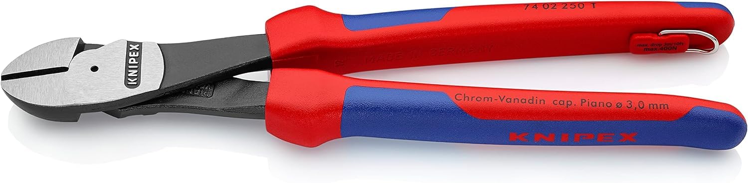 KNIPEX High Leverage Diagonal Cutter with Multi-Component Grips, with Integrated Tether Attachment Point for a Tool Tether Black Atramentized 250 mm 74 02 250 T BK