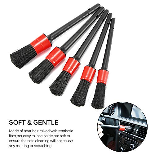 Auto Detailing Brush Set, Car Cleaner Brush Set for Cleaning Wheels,Engine,Air Vents,Leather, 5 Pack Boar Hair Car Interior Wash Detailing Brush for Motorcycle Automotive Cleaning Wheels, Dashboard