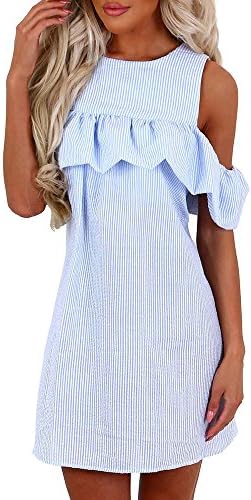 La sophia Women's Scoop Neck Cut Out Shoulder Lotus Leaf Striped loose Dresses