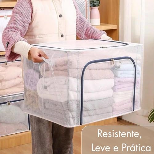 Caixa Organizadora Impermeavel Premium Organizador de Roupas Cobertas Edredons com Ziper Duplo 24, 66 e 100 Litros, Dobravel Empilhavel Estrutura Reforcada Transparente Closet Guarda Roupas 100 Litros