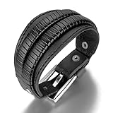 MENDINO Mens Punk Rock Alloy Classic Black Wide Leather Wrap Buckle Cuff Bangle Fit 7-8 Inch Wristband