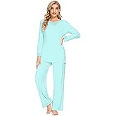 WiWi Bamboo Viscose Pajamas Sets for Women Lace Trim Long Sleeve Sleepwear Lounge Sets Plus Size Pjs with pockets S-4X