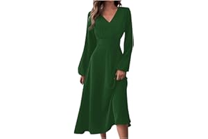GENERIC Long Sleeve Midi Dress for Women 2024 Spring V Neck High Waisted T Shirt Dress Casual Flowy A Line Swing Formal Party Dresses