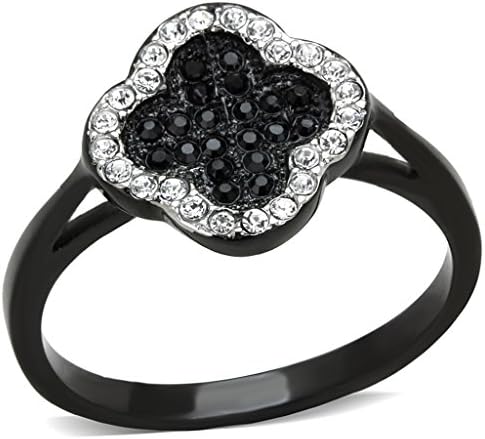 Clover Motif Black Crystal Ip Black Stainless Steel Plated Ring