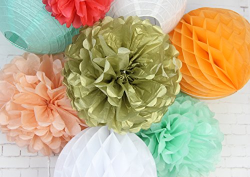 SUNBEAUTY Coral Mint Peach Gold Paper Lanterns Home Party Wedding Honeycomb Balls Tissue Pom Poms Flower Valentines Hanging Decor