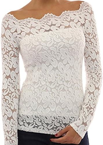 Ajclub Womens Boat Neck Floral Lace Raglan Long Sleeve Shirt Top(White,XL)