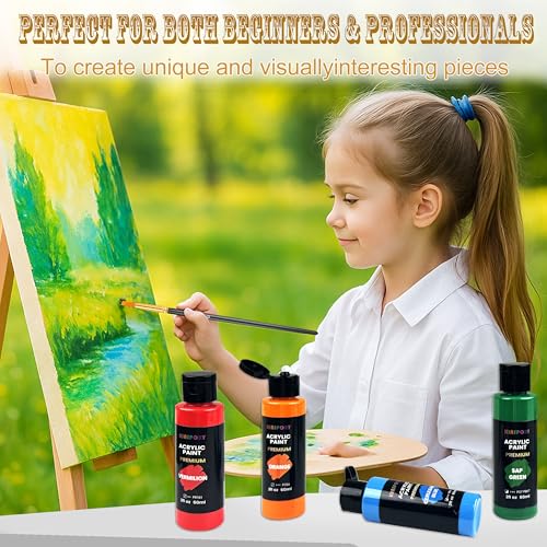KINSPORY 24 x 60ml Acrylic Paint with 12 Brushes and Palette - Water Resistant, Safety Certified - for Canvas, Stone, Wood, Fabric, Ideal for Artists, Beginners and Kids