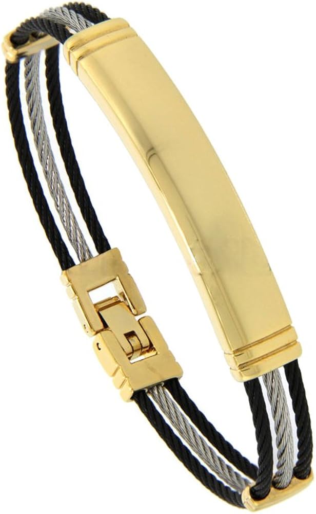 Stainless Steel Cable Bracelet for Women ID Plaque Black & Gold 2tone 7" Jewelry