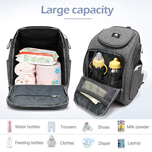 Backpack Diaper Bag, Meinkind Baby Diaper Bag Backpack for Mom, with Diaper Changing Pad, Built-in Wet Bag for Cloth Diapers, Insulated Pockets, and Stroller Straps, Gray
