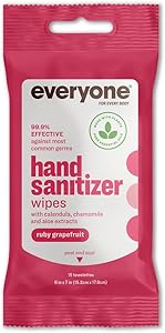 Everyone Hand Sanitizer Wipes, 15 Wipes (Pack of 1), Ruby Grapefruit, Plant Derived Alcohol with Pure Essential Oils
