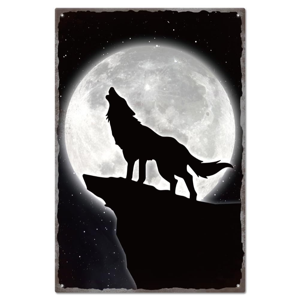 GLOBLELAND Wolf Vintage Metal Tin Sign Plaque Poster 8×12inch Retro Metal Wall Decorative Tin Signs for Home Kitchen Bar Coffee Shop Club Orchard Decoration