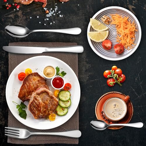 Juego de Cubiertos, 24 Piezas Juego de Cubiertos de Acero Inoxidable, Tenedor, Cuchara, Cuchillo, Set de Cubiertos para 6 Personas, Caja de Regalo y Tarjeta de Felicitación, Lavavajillas (Plata)