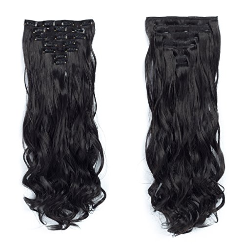 7Pcs/Set Clip in Hair Extensions 20Inch Long Wavy Natural Color Heat Resistant Synthetic Hairpiece Gifts for Girl Lady Women (1B#)