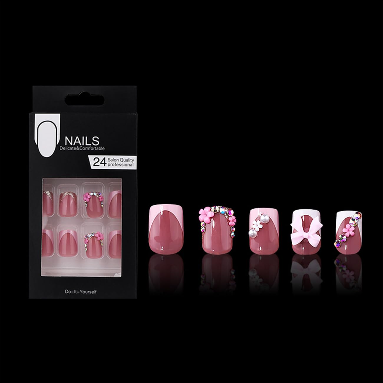 24pcs French Tip Press-On Nails - Short, Charms, Bow, Flower Design, Pink, Cute, Square Shape, Acrylic, Rhinestones - Image 6