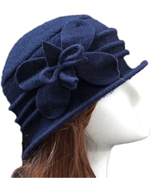 Women 100% Wool Felt Round Top Cloche Hat Fedoras Trilby with Bow Flower