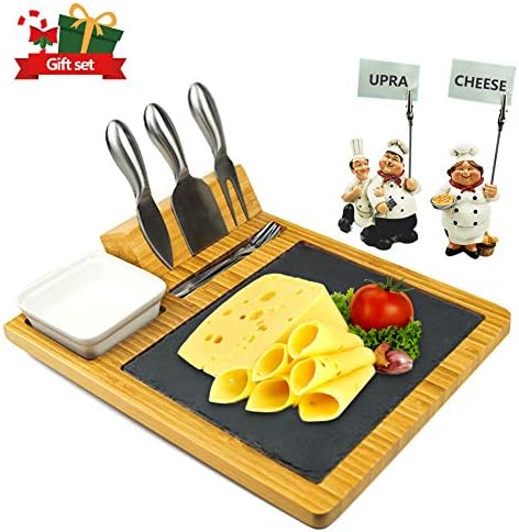 Bamboo Slate Cheese Board and Cutlery set, Slate Charcuterie Board and Meat Platter, Includes 3 Cheese Tool, 4 Stainless Steel Dessert Forks Plus Ceramic Bowl,12.6" x 10.2", Unique Design by upra