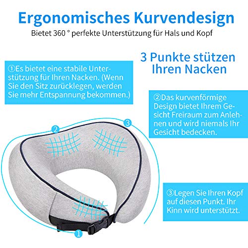 Yarrashop Travel Neck Pillow Orthopaedic Neck Pillow Sleeping Memory Foam Fabric Ergonomic Neck Support Pillow for Comfortable Sleep on Plane, Car or Train Update Gray