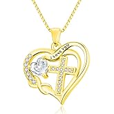 VANAODUC Birthstone Infinity Cross Necklace for Women, Heart Cross 14K Gold /18K White Gold/Rose Gold Womens Pendant Necklace I Love You Jewelry Anniversary Birthday Christmas Gifts for Her Mom Wife