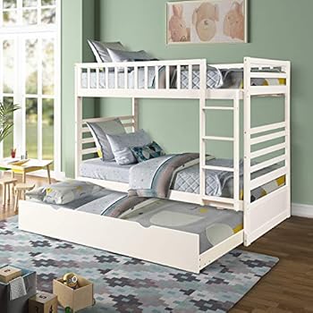 Twin Over Twin Bunk Bed, Rockjame Space Saving Design Sleeping Bedroom Furniture with Trundle Solid Wood Bunk Bed, Ladder and Safety Rail for Boys and Girls (White)