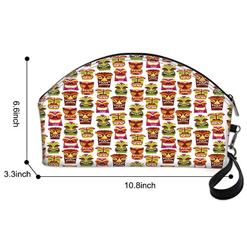 Tiki Bar Decor Small portable cosmetic bag,60s Retro Inspired Cute Hawaiian Party Happy Tiki Statues Pattern Colorful for Women,10.8"Lx3.3"Wx6.6"H