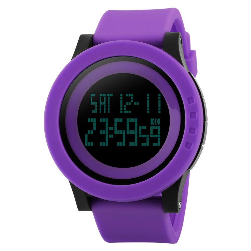 FeiWen Large Dial Digital Watches for Women 5ATM Waterproof Outdoor LED Military Sports Multifunction Purple Plastic Case with Rubber Strap Casual Simple Design Casual Dress Wristwatches