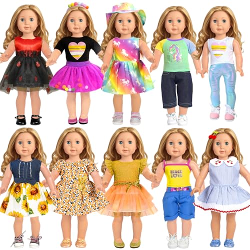 American 18 inch Doll Clothes Accessories, 18PCS Doll Clothes Outfit Dress for 18 inch, Xmas Gift for Girls(10 Set)