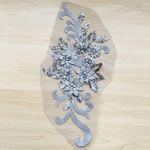 Exquisite Silver Crystal Flower Applique Embroideried Sequins Details Floral Motif Sew onto Lyrical Dance Dress Prom Dress Evening Gown