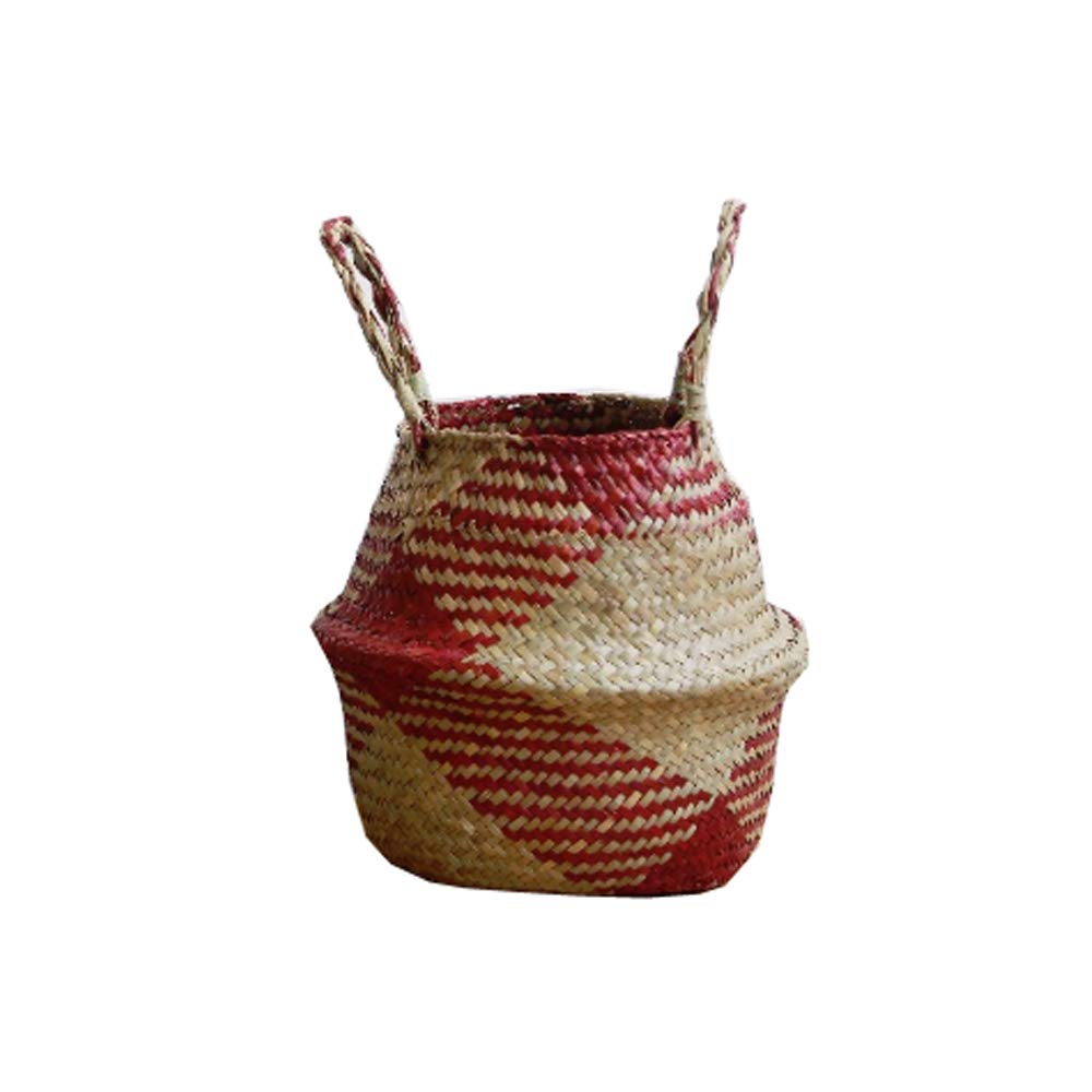 SZETOSY Natural Seagrass Basket - GOODCHANCEUK Seagrass Belly Basket Hand Woven Storage Basket With Handle Toys Laundry Basket Flower Planter Red RhombusStyle#3 22CMX20CM