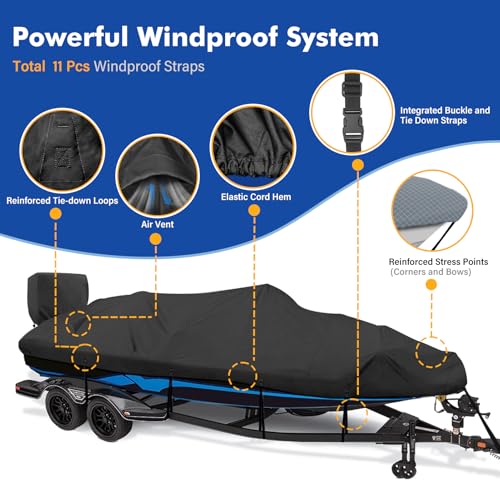 YimSting 1200D Waterproof Boat Cover - Fits 16' to 18.5' ft Bass, V-Hull, Tri-Hull, Fish & Ski, Runabout Bowrider Boats - Heavy Duty Canvas Black