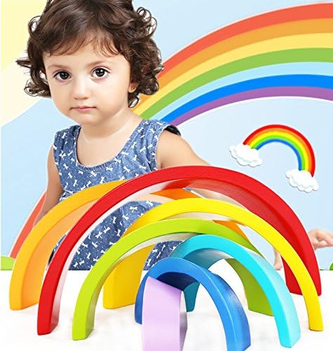 PINTOP 7pcs Wooden Rainbow Stacker Learning Toy Geometry Building Blocks Wooden Stacking Educational Puzzle Toy