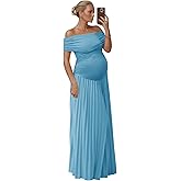 Ouyisha Off Shoulder Maternity Dress for Photoshoot Women’s Pleated Baby Shower Dress Long Summer Formal Pregnancy Gowns