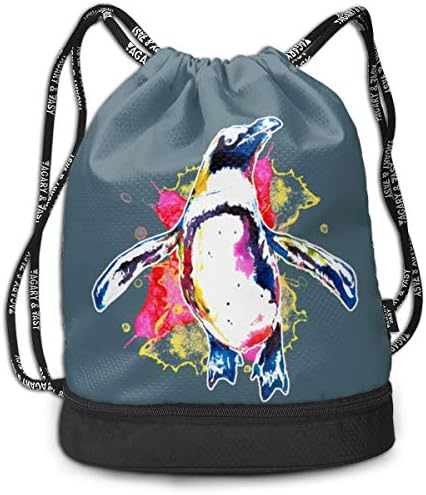 Watercolor Penguin Drawstring Backpack Compartment Sport Bag